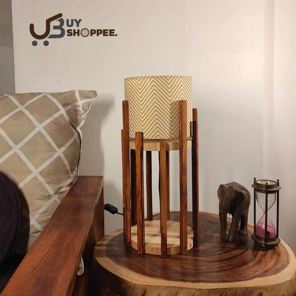 Wooden Table Lamp with Brown Base and Premium White Fabric Lampshade (BULB NOT INCLUDED)