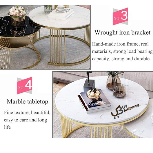 2-Tier Marble Coffee Table Set of 2 Nesting Tables Sofa Table with Satin Gold Trim Cocktail Table for Living Room Round End Tables,White