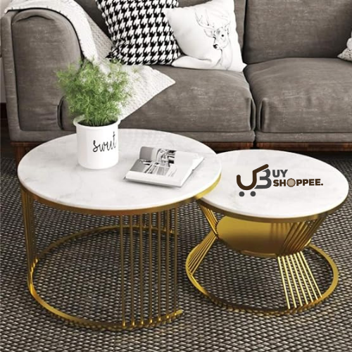 2-Tier Marble Coffee Table Set of 2 Nesting Tables Sofa Table with Satin Gold Trim Cocktail Table for Living Room Round End Tables,White