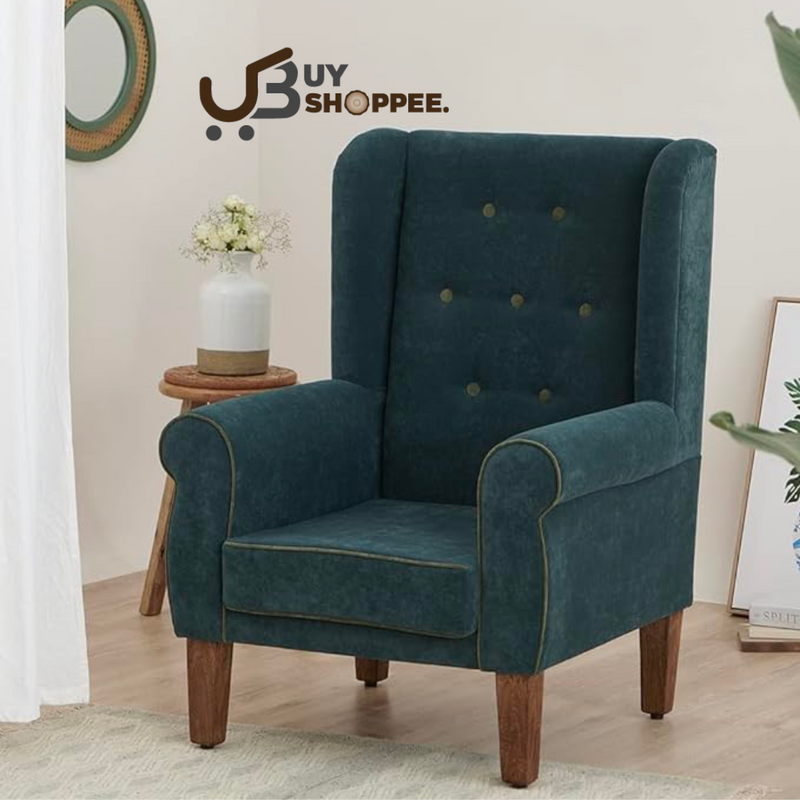 Sheesham Wood Wing Chair Velvet Dark Green Colour