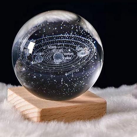 Galaxy Crystal Ball Night Light | 3D Solar System Lamp with Wooden Base