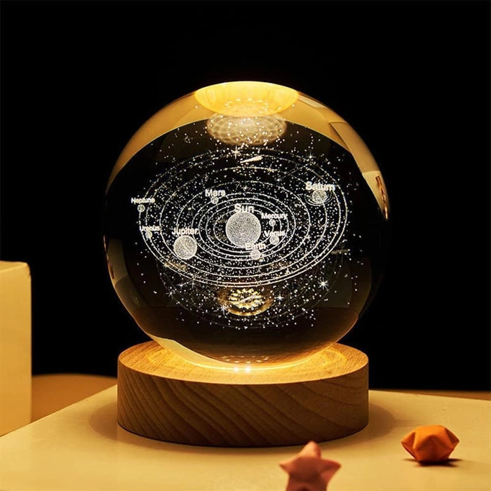 Galaxy Crystal Ball Night Light | 3D Solar System Lamp with Wooden Base