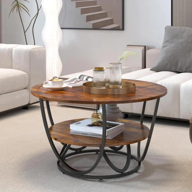 Round Coffee Table with Marble Top Like Finish Stylish 2-Tier Design