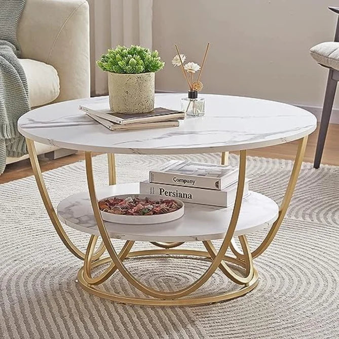 Round Coffee Table with Marble Top Like Finish Stylish 2-Tier Design