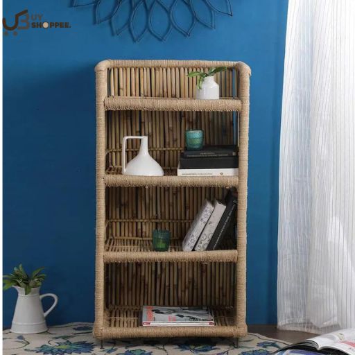 Ethnic Cane Book Shelf In Beige Finish with 4 Tier