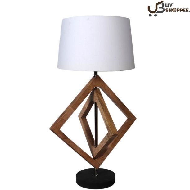 White Shade Table Lamp With Wood Base