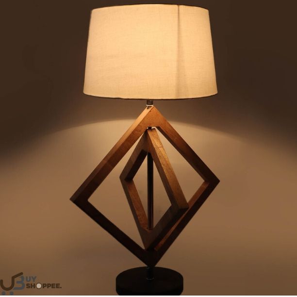 White Shade Table Lamp With Wood Base