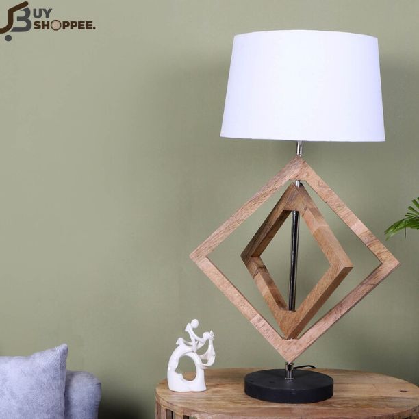 White Shade Table Lamp With Wood Base