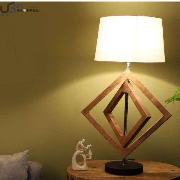 White Shade Table Lamp With Wood Base