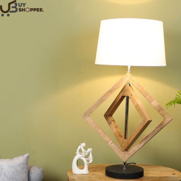 White Shade Table Lamp With Wood Base