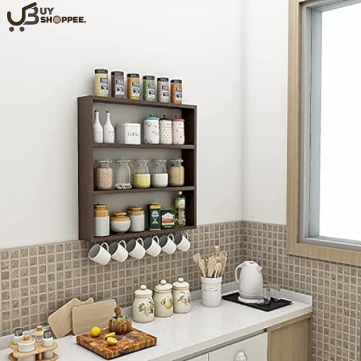Wood Wall Mounted Rack, Organizer, Wall Shelf for Kitchen Storage Boxes, (Number of Shelves - 5, Brown)