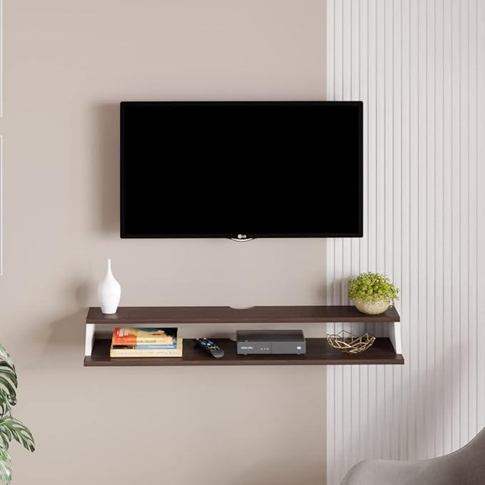 Stunning Landscape TV Wall Mount with Floating Shelves (Walnut, White)