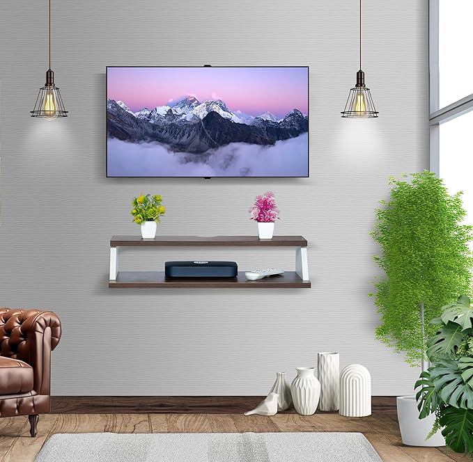 Stunning Landscape TV Wall Mount with Floating Shelves (Walnut, White)