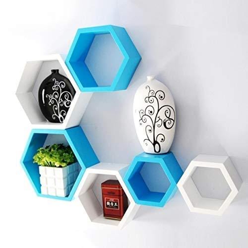 Wall Shelf for Living Room Stylish | Hexagonal Designer Wooden Shelves | Display Rack for Bedroom, Kitchen, Office (Set of 6| Color-White & Sky Blue)