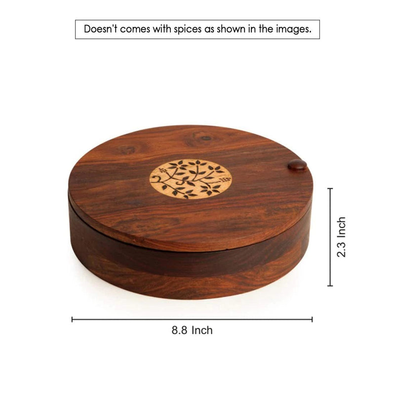 WOODEN SPICE BOX SET WITH FLORAL BURNT DESIGN IN SHEEHAM WOOD (6 PARTITIONS)