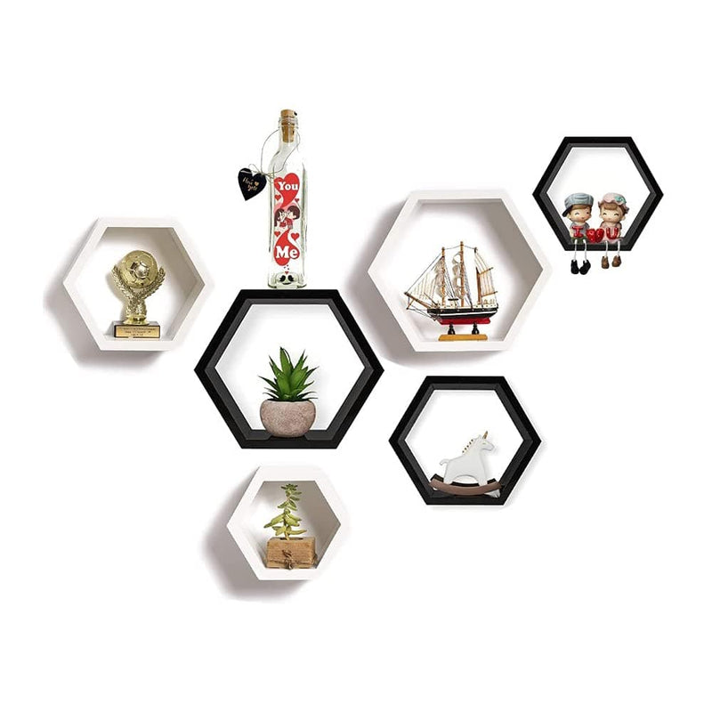 Wall Shelf for Living Room Stylish | Hexagonal Designer Wooden Shelves | Display Rack for Bedroom, Kitchen, Office (Set of 6| Color- Black & White)