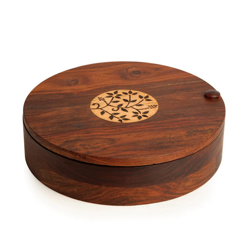 WOODEN SPICE BOX SET WITH FLORAL BURNT DESIGN IN SHEEHAM WOOD (6 PARTITIONS)