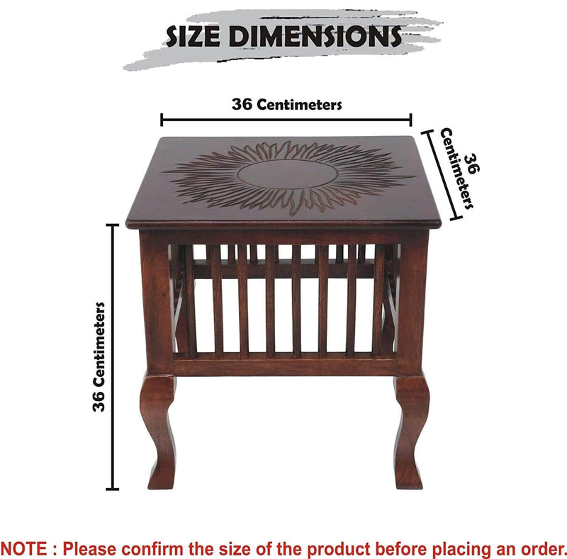 Mango Wood Walnut Finish Handmade Carving Classic Side Table for Living Room (Brown)