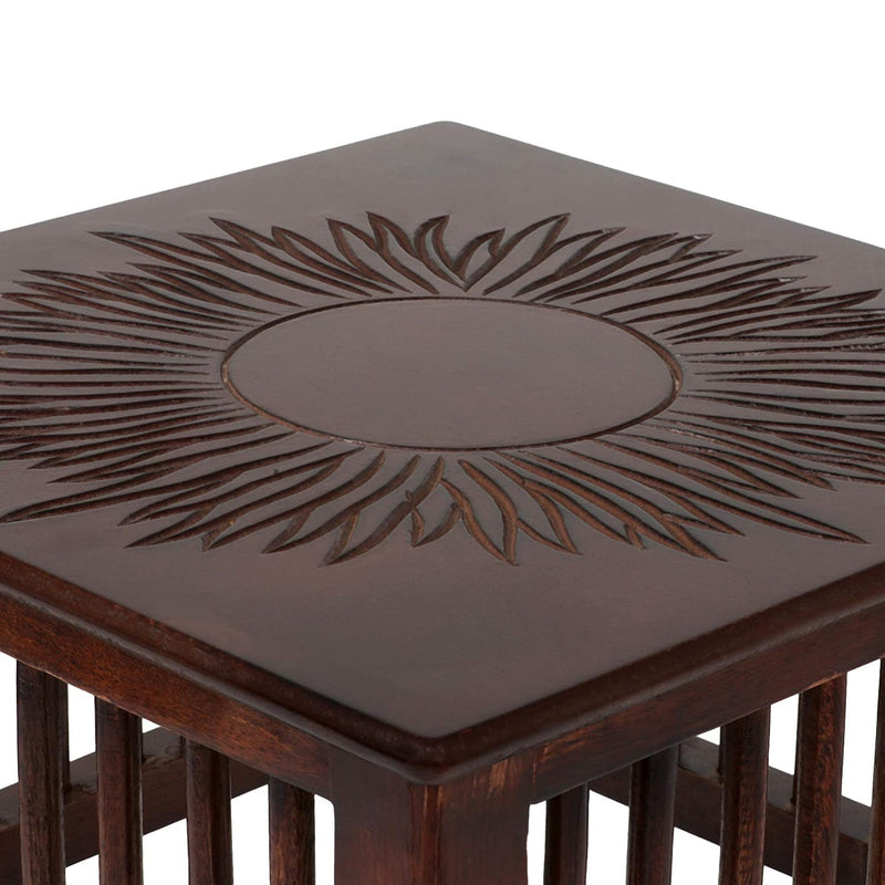 Mango Wood Walnut Finish Handmade Carving Classic Side Table for Living Room (Brown)