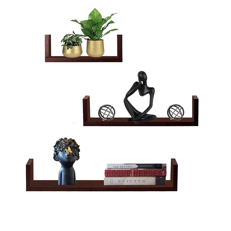 U Shaped Wall Shelf For Living Room Stylish | Wooden Floating Wall Shelves | Storage Racks Organizer and Book Shelves (Set of 3, Mahogany Finish)