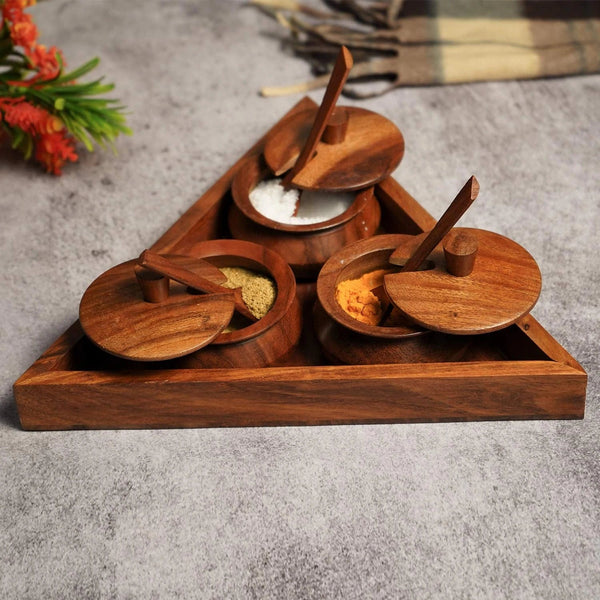 SHEESHAM WOOD TRIANGULAR CONTAINER TRAY SET WITH SPOONS