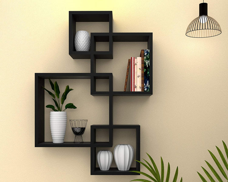 Wooden Wall Mounted Shelf Rack for Living Room Decor (Black) - Set of 4