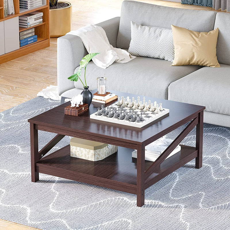 Square Two-Tier Coffee Tables with Storage,Coffee Table for Living Room, Center Table Coffee Table for Home ,Wood Living Room Table