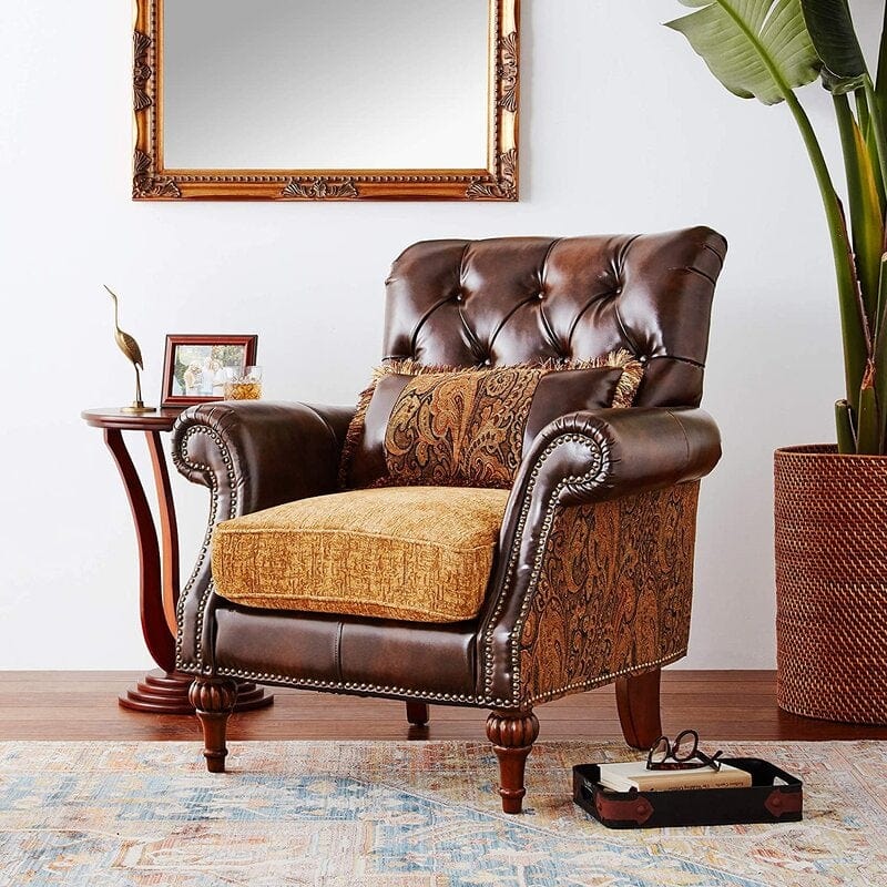 Wooden Handcarved Teak Wood Sofa Wide Tufted Armchair