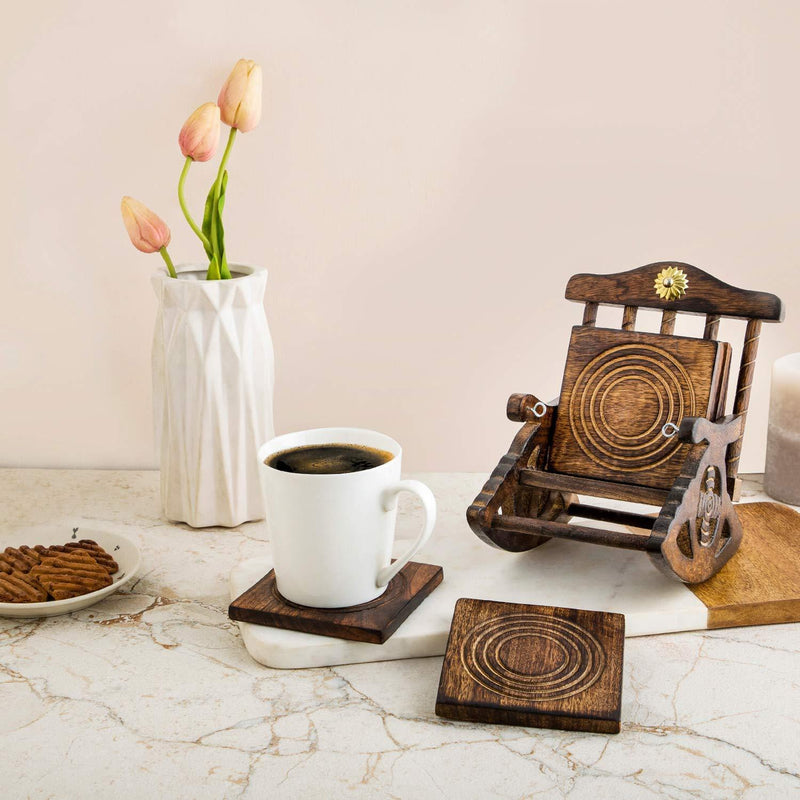 Wooden Set of 6 Coasters with Mini Chair