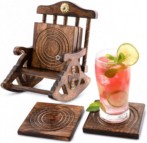 Wooden Set of 6 Coasters with Mini Chair