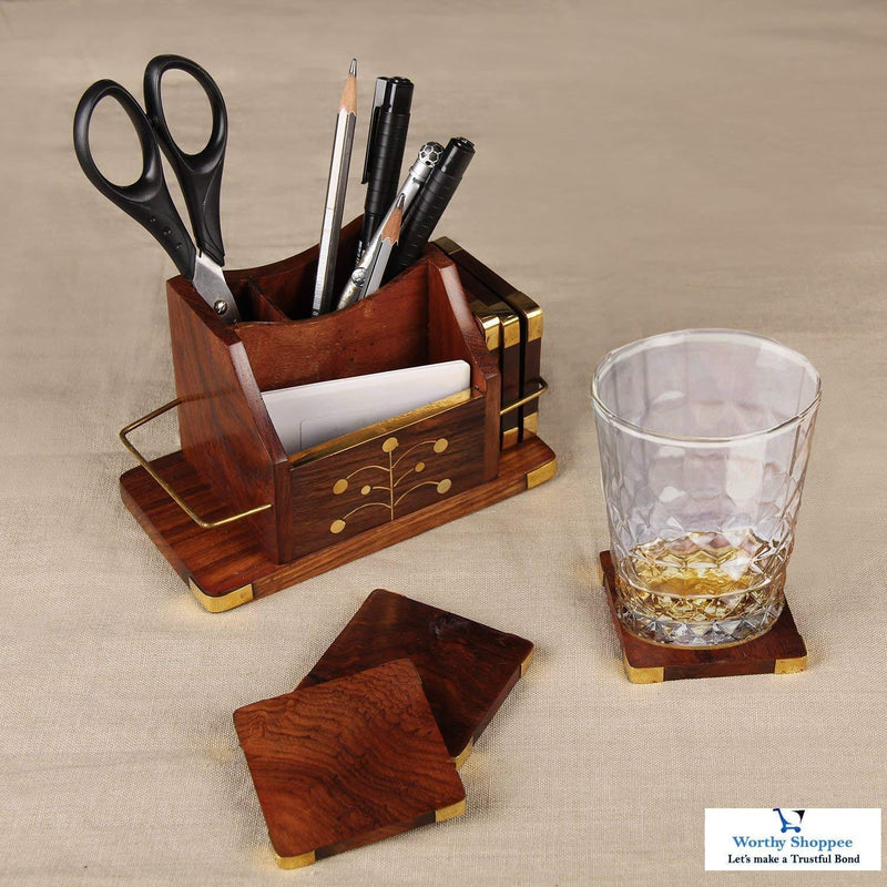 Wooden Set of 6 Beer Mug Drink Coasters with Pen Stand