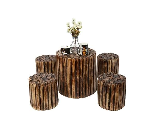 WOODEN ROUND COFFEE TABLE WITH 4 STOOL