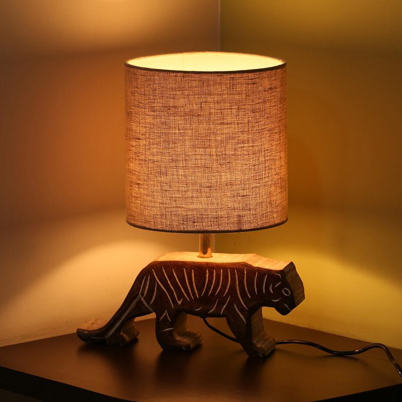 'Tiger Panthera'' Handcarved Table Lamp In Mango Wood