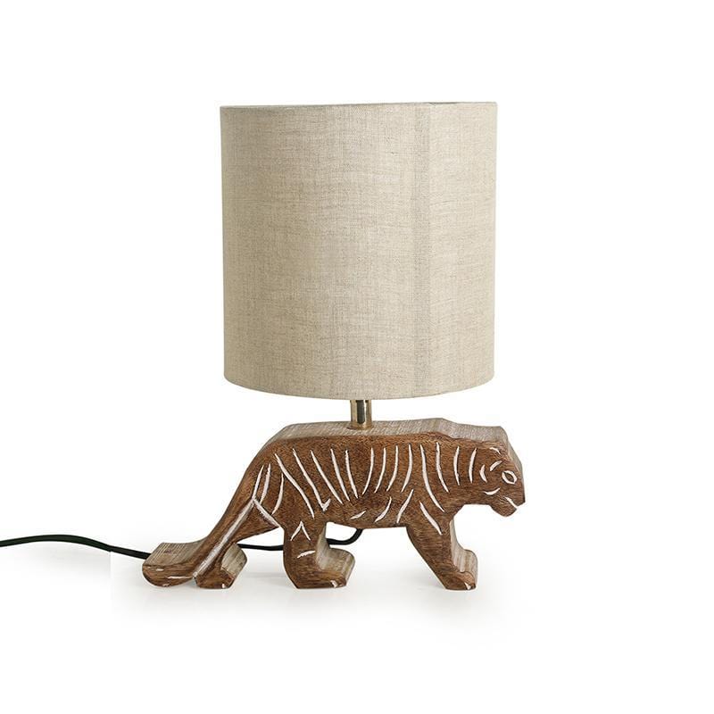 'Tiger Panthera'' Handcarved Table Lamp In Mango Wood